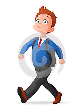 Cheerful cute young boy in uniform walking to school. Vector illustration.