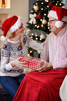 Cheerful daughter spending Christmas with elderly father