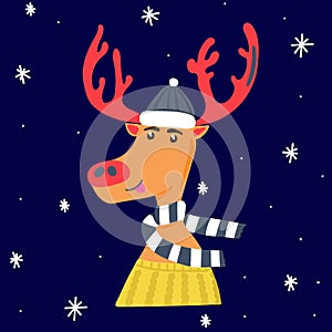 Cheerful deer in a cap, sweater and scarf