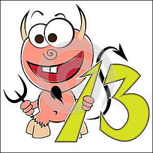 Cheerful devil with the number thirteen