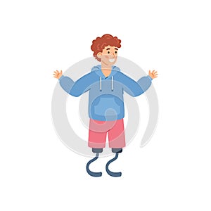 Cheerful disabled boy with prosthetic limb, cartoon vector illustration isolated.