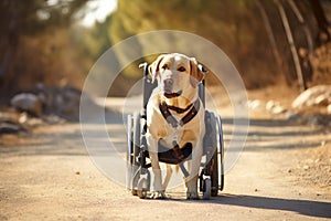 Cheerful disabled dog in a harness wheelchair, nature trail backdrop. Concept of animal rehabilitation, adaptive pet