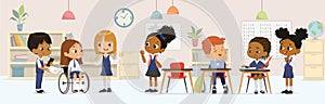 Cheerful diverse kids in school uniform talking sitting at tables enjoying lesson inclusion education vector banner