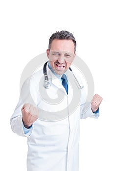 Cheerful doctor or medic acting excited and enthusiastic