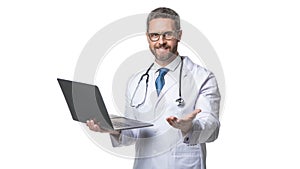 cheerful doctor promoting emedicine isolated on white. doctor offering emedicine in studio