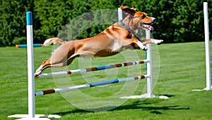 Cheerful dog enjoying an outdoor activity, jumping in mid-air to catch a Frisbee with its tail up