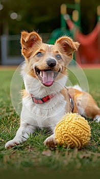 Cheerful dog enjoys green grass, playful with a toy ball