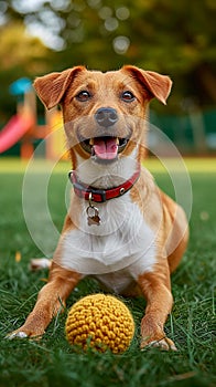 Cheerful dog enjoys green grass, playful with a toy ball