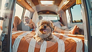 The dog on camper van bed. AI generated