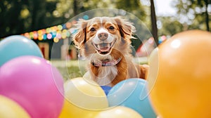 A cheerful dog surrounded by colorful balloons in a park setting