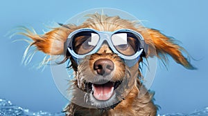 Cheerful dog wearing diving goggles on blue background