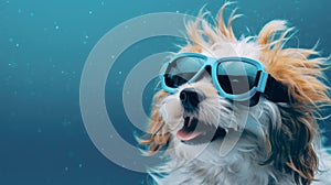 Cheerful dog wearing diving goggles on a blue background with copyspace