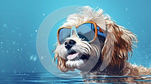 Cheerful dog wearing diving goggles on a blue background with copyspace