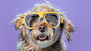 Cheerful dog wearing diving goggles on purple background