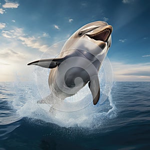 A cheerful Dolphin (Delphinus delphis) leaping out of the water photo