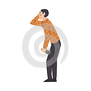 Cheerful Drunk Man with Alcohol Drink Bottle in his Hands, Drunkenness, Bad Habit Concept Cartoon Style Vector