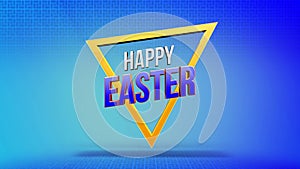 Cheerful easter banner with triangle shape and yellow Happy Easter on blue background