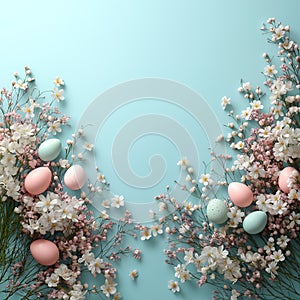 Cheerful Easter Border with Spring Flowers and Easter Eggs