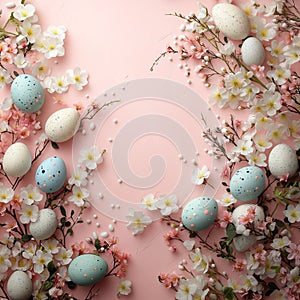 Cheerful Easter Border with Spring Flowers and Easter Eggs
