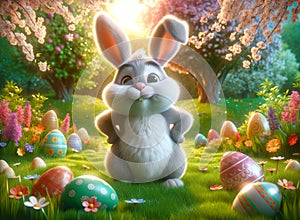 Cheerful Easter Bunny Enjoying a Bright Spring Day Amidst Colorful Eggs and Flowers. Generative AI