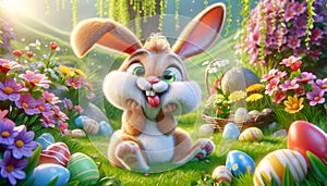 Cheerful Easter Bunny Enjoying a Bright Spring Day Amidst Colorful Eggs and Flowers. Generative AI