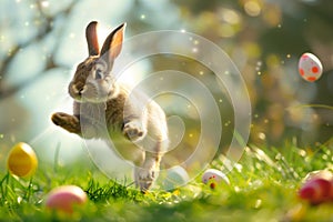 Cheerful Easter bunny leaping joyfully, eggs aplenty, celebrating festivities
