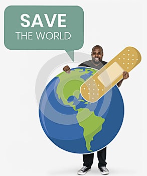 Cheerful ecologist with save the world concept symbols
