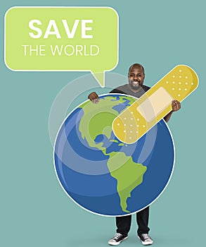 Cheerful ecologist with save the world concept symbols photo