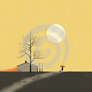 Cheerful Editorial Illustration: Person Walking With Umbrella Under Full Moon
