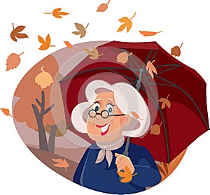 Senior Woman Holding an Umbrella in Autumn Season Vector Illustration