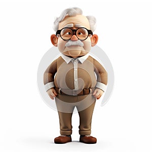 Cheerful elderly man in glasses with a cane on a white background. 3D rendering of a pensioner.