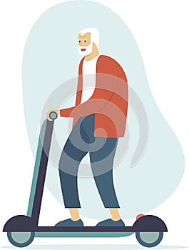 Cheerful elderly man riding an electric scooter. Happy active senior character