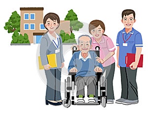 Cheerful elderly person in wheelchair with his nursing caregiver