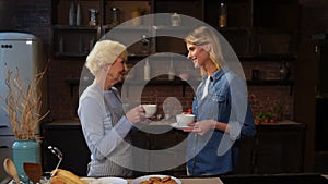 Cheerful elderly woman sharing cookies with her daughter