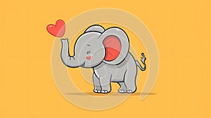 A cheerful elephant illustration with a heart on a solid background