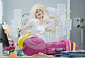 Cheerful employee leaving for vacations