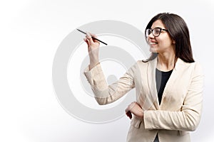 A Cheerful Enthusiastic Businesswoman Writing in Air