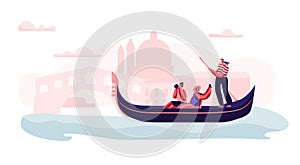 Cheerful Excited Couple in Gondola with Gondolier Floating at Canal Making Photo of Sightseeing at Romantic Journey to Italy