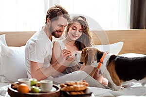 Cheerful family couple spend weekend morning in bed with their favourite pet, feed dog while have breakfast in bedroom