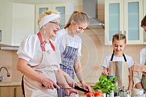 cheerful family different generations cooking together, chopping food for lunch