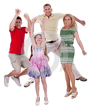 Cheerful family jumping to the air and having fun