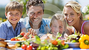Cheerful family picnic with shared laughter and aromatic delights at a spacious outdoor dining table