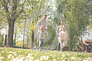 Cheerful family playing with their children`s in the meadow.