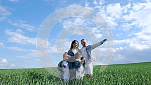 Cheerful family walks through a green field of wheat. Parents hold children by the hands.