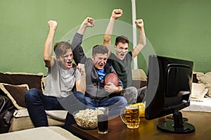 Cheerful family watching Superbowl, fist in air
