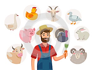 Cheerful farmer and his livestock around him. Set of farm animals around him, cartoon characters isolated on white