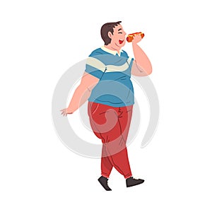 Cheerful Fat Man Eating Hotdog, Obese Guy Enjoying of Fast Food Dish while Walking, Unhealthy Diet and Lifestyle Vector