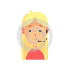 Cheerful female call center agent, online customer support service assistant with headphones, cartoon vector