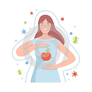 Cheerful Female Character Holding Vitaminic Apple Vector Illustration