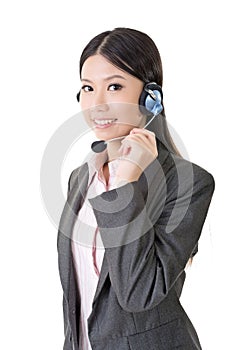Cheerful female customer support phone operator